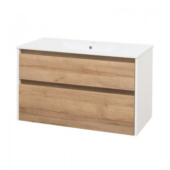 Mereo Opto - Opto, koupelnová skříňka s keramickým umyvadlem 101 cm, bílá/dub Riviera